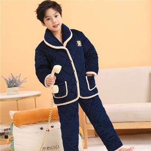 儿童夹棉加厚睡衣秋冬中大童男孩加厚冬季小孩宝宝男童珊瑚绒家居