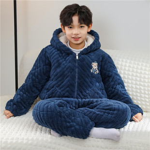秋冬季儿童睡衣法兰绒三层加厚夹棉套装宝宝男童女童珊瑚绒家居服