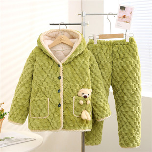 女童睡衣套装冬季三层夹棉加厚男宝宝法兰绒冬装儿童珊瑚绒家居服