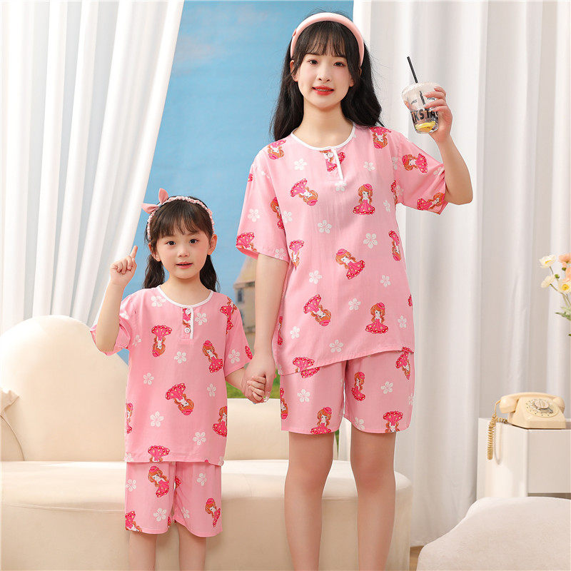 睡衣儿童夏季薄款短袖短裤卡通小可爱女童宝宝母女亲子家居服套装
