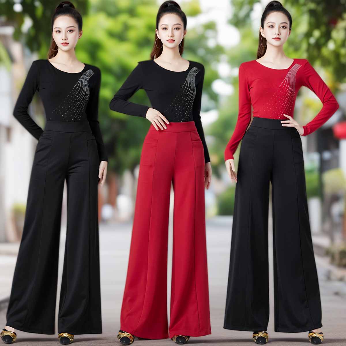 摩登舞衣时髦烫钻国标舞蹈练功服长袖拉丁舞上衣女成人新款套装