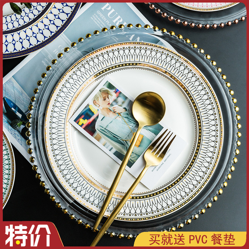 European style light luxury pearl point gilded ceramic western restaurant flat plate