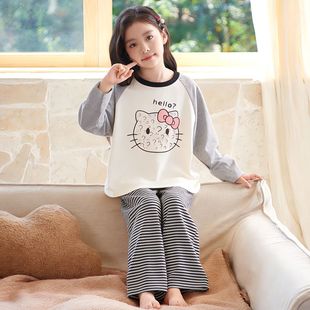 2026新款女童睡衣纯棉春季长袖儿童卡通HelloKitty女孩家居服套装