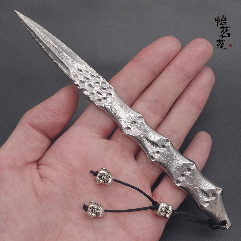 龙泉手工不锈大马士革花纹钢竹节银白色撬黑茶开普洱茶刀茶针工具