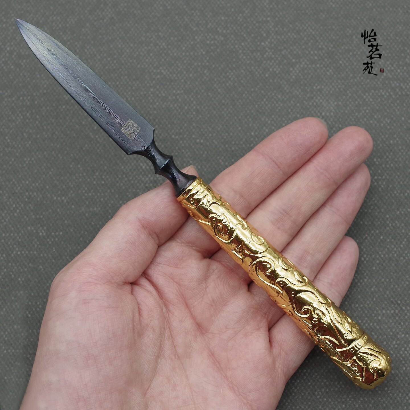 江龙龙泉茶刀百炼花纹钢普洱茶针 24K镀金黄铜柄手工撬茶饼砖工具