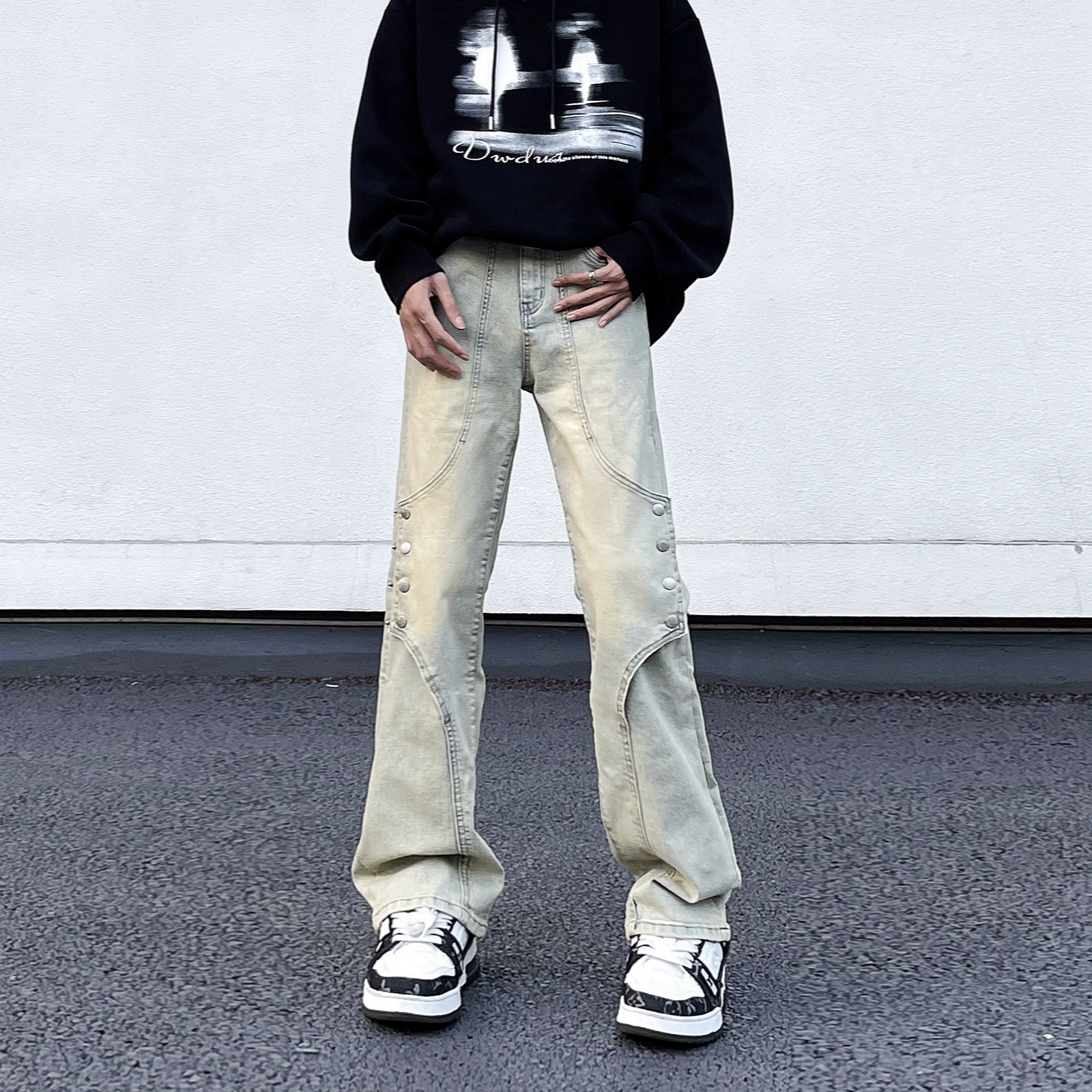 复古水洗做旧黄泥染牛仔裤直筒解构拼接美式高街宽松微喇vibe裤子