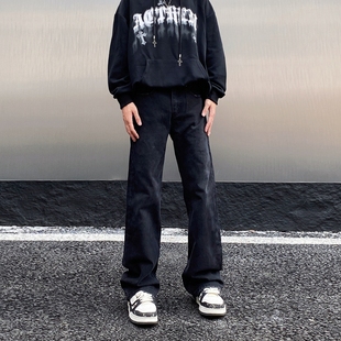 子 男高街微喇弯刀vibe显瘦黑色裤 美式 复古水洗做旧cleanfit牛仔裤