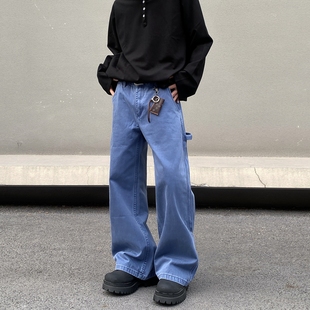 美式复古水洗法工蓝牛仔裤男cleanfit宽松直筒工装伐木微喇叭裤子