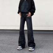 男宽松直筒潮牌痞帅宽松微喇vibe裤 美式 复古做旧拼接解构牛仔裤 子