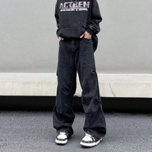 美式高街复古水洗做旧bootcut褶皱牛仔裤男痞帅宽松微喇vibe裤子