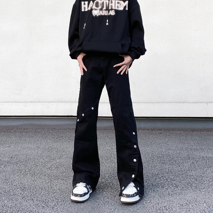 美式高街美式黑色hiphop牛仔裤男宽松微喇显瘦排扣设计痞帅长裤子