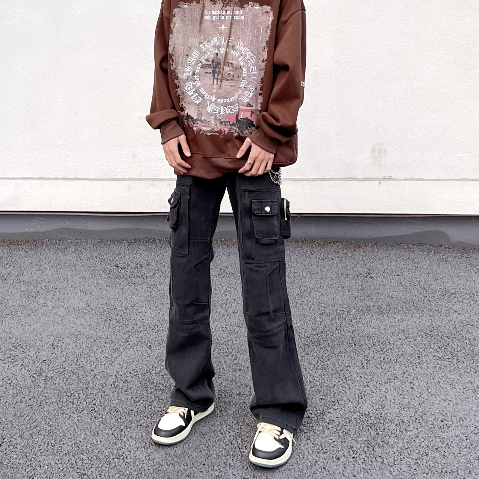 非潮勿近高街美式潮牌宽松vibe风多口袋工装牛仔裤男嘻哈微喇裤子