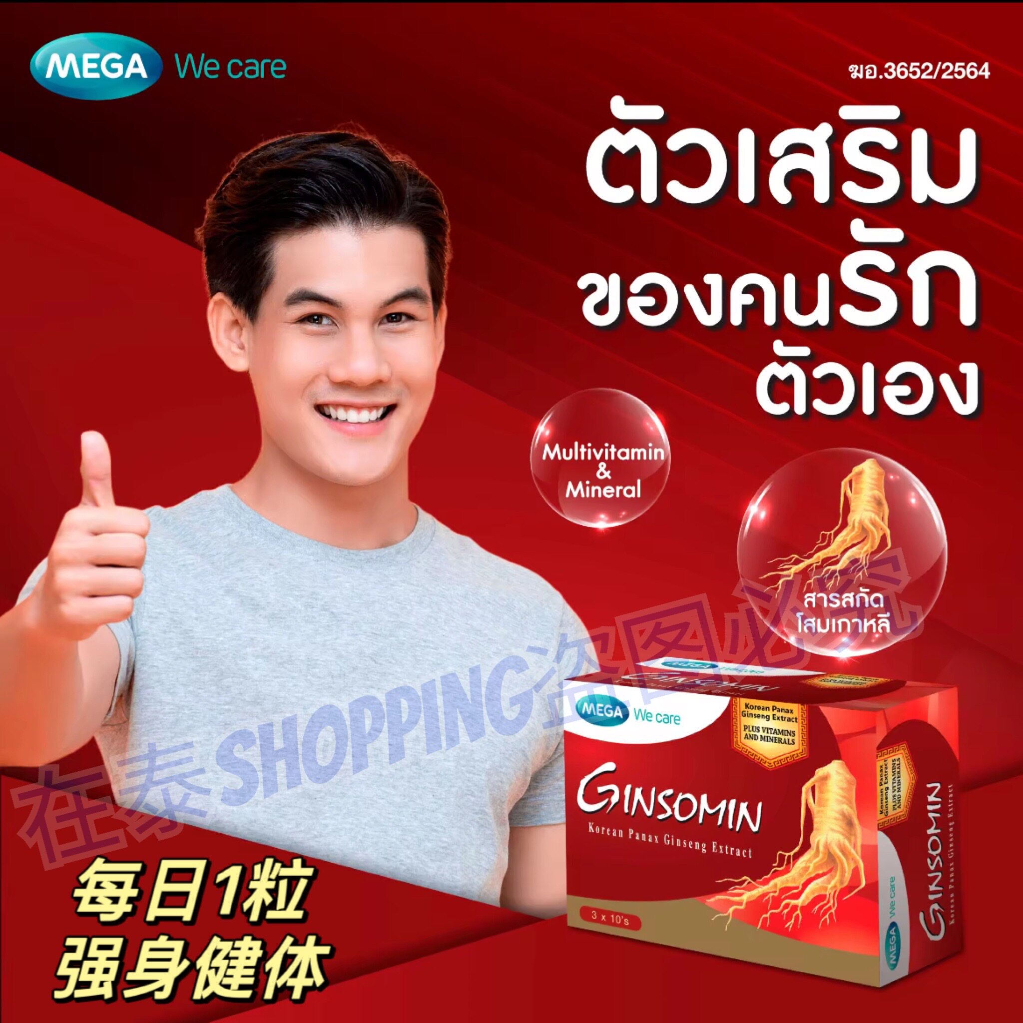 泰国MEGAWecare人参提取物膳食补充剂Ginsomin多种维生素锌30粒