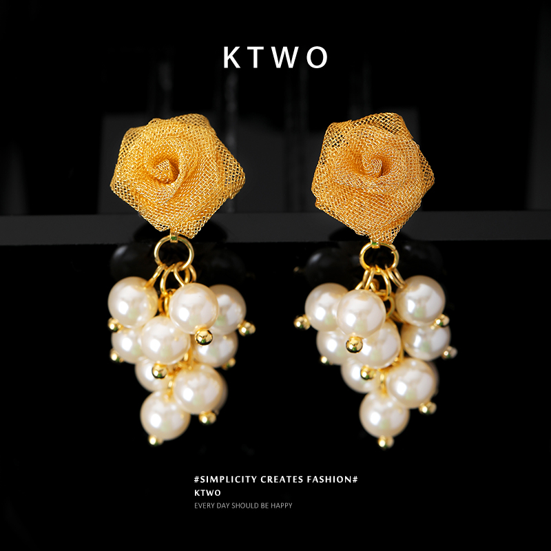k金色玫瑰珍珠耳坠耳钉女小众镂空纱网设计时尚轻奢925纯银针耳饰
