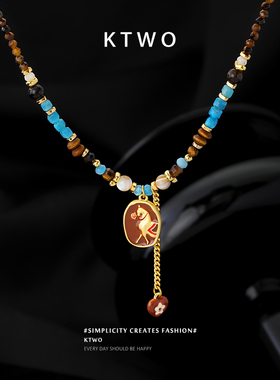 中古风滴釉唐马吊牌项链女小众天然石串珠设计时尚复古锁骨链配饰