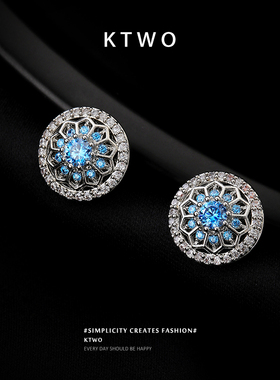 镂空银色花朵耳钉女冷淡风小众蓝色锆石花蕊设计时尚百搭新款耳饰