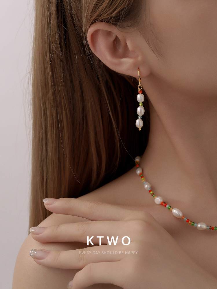 新款时尚多巴胺串珠流苏天然珍珠耳环女夏小众轻奢高级感耳坠耳饰