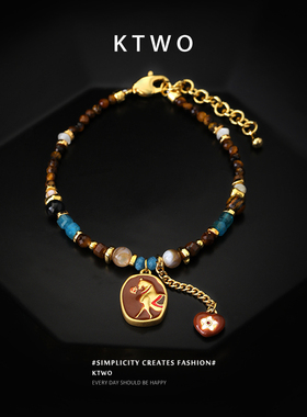 中古风唐马吊牌手链女生小众天然石串珠设计时尚彩色滴釉手链配饰