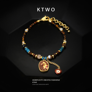 中古风唐马吊牌手链女生小众天然石串珠设计时尚彩色滴釉手链配饰