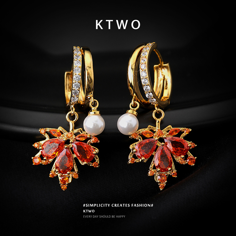 新年红色枫叶耳坠耳环女小众珍珠吊坠设计轻奢k金色锆石国风耳饰