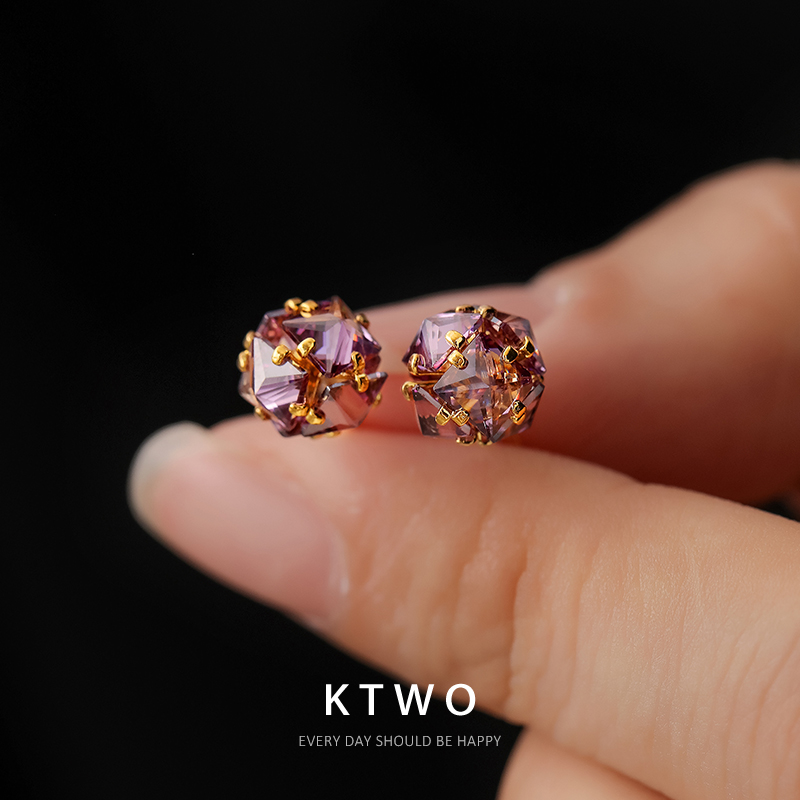 2025新款紫色小巧耳夹女轻奢镶嵌设计时尚百搭925银针耳钉耳饰品