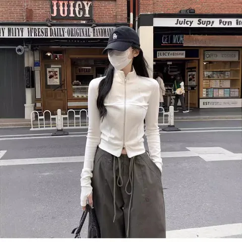 显瘦设计感短款立领修身针织开衫秋季双拉链肩上衣小个子正法式女