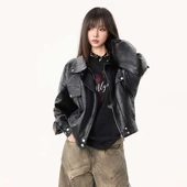 落肩夹克设计感外套秋季 女士百搭机车服无性别皮衣宽松ins短外套
