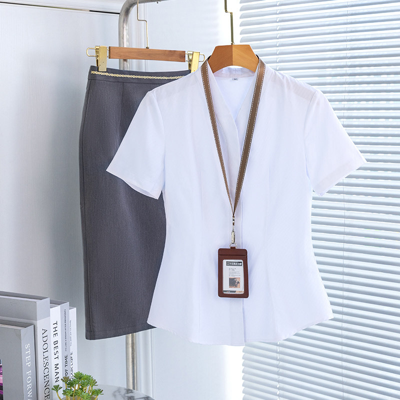 空姐制服上班服套装白衬衫女短袖夏季V领面试衬衫正装气质工作服