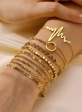 简约百搭不锈钢金色18K金色手链叠戴时尚个性饰品 华蓝欣1322