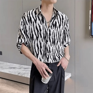 潮牌网红坠感豹纹 夏季 冰丝衬衣轻熟风斑马纹短袖 衬衫 男设计感韩版