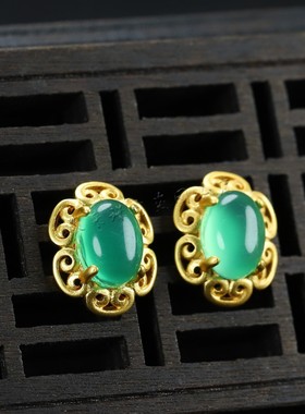 天然A货冰种玉髓帝王绿如意耳钉镀24k真金蛋面耳饰玛瑙简约耳环