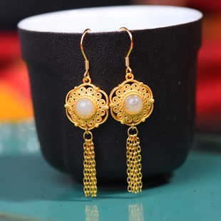 天然和田玉白玉925银圆蛋面流苏耳坠女款玉石耳饰个性时尚耳链