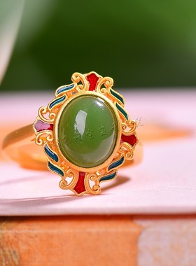新疆天然和田玉碧玉925银蛋面戒指女款玉石指环开口可调节戒子