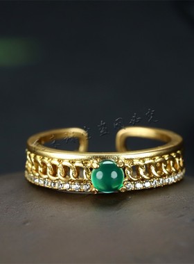 天然A货高冰帝王绿玉髓24k真金戒男女款玉石指环开口可调节戒子