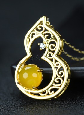 天然A货冰种玉髓镀24k真金黄玛瑙葫芦吊坠女款个性时尚项链锁骨链