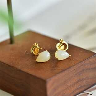 新疆天然和田玉白玉天鹅水滴925银耳钉女款玉石镶嵌耳饰精美耳环