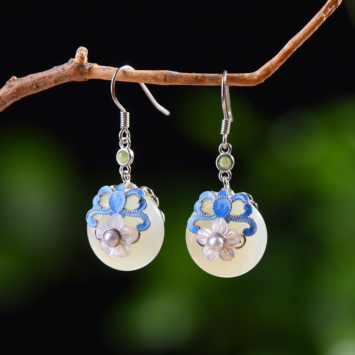 天然和田玉白玉925银镶嵌珐琅古风轻奢平安扣玉石耳坠耳环耳饰