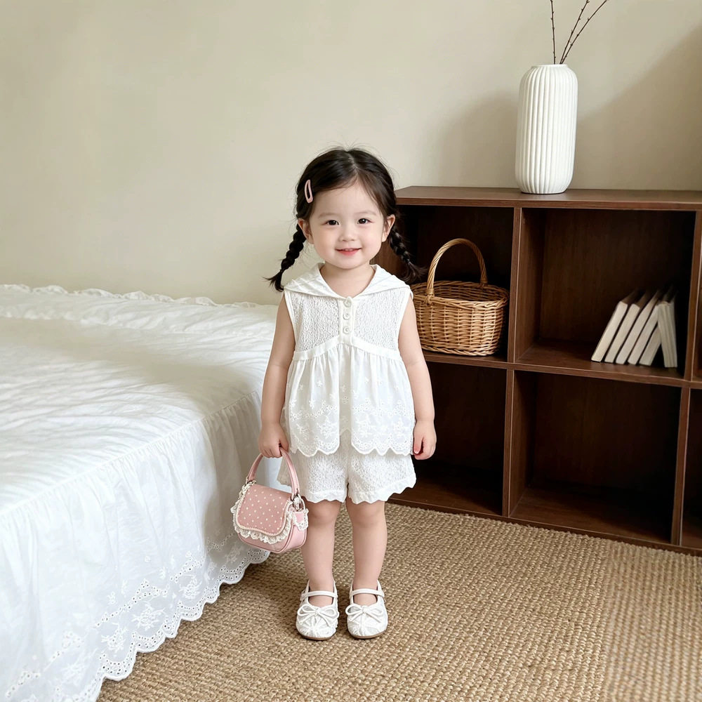 女童夏季甜美娃娃领上衣套装女宝宝绣花蕾丝针织背心婴儿薄款短裤