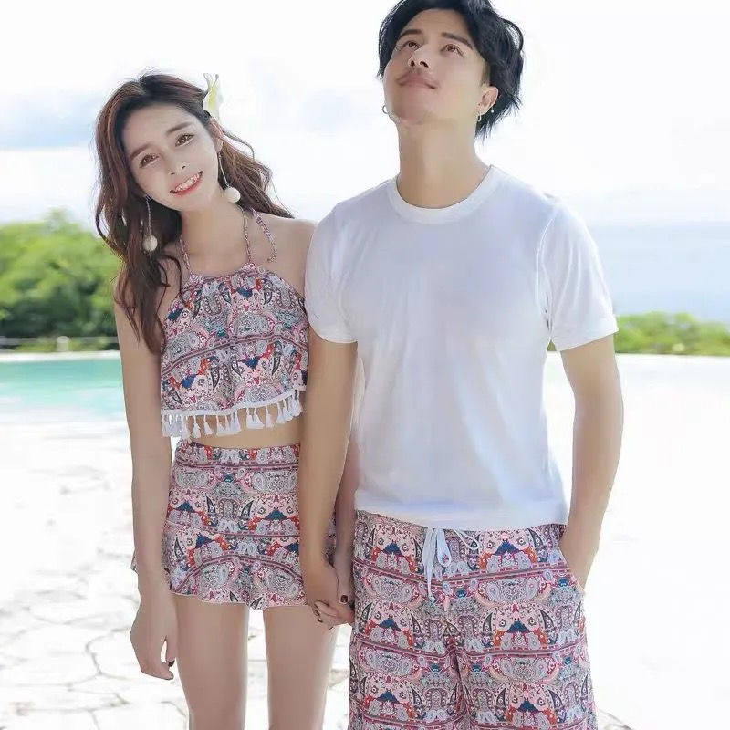 泳衣女新款小碎花高腰ins风遮肚显瘦仙女风防走光情侣泳衣三件套