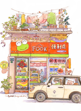 钢笔淡彩街景小铺上色练习LittleJiang小江水彩纸线稿填色防渗墨