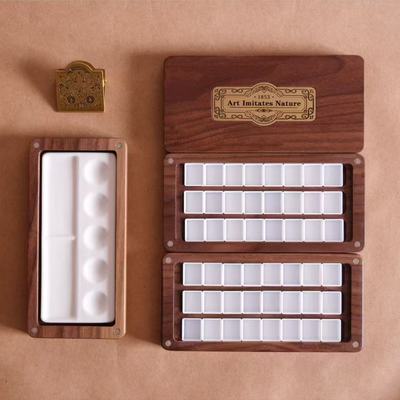 黑胡桃木颜料盒黄铜24色48色水彩木盒钢笔淡彩绘画实木颜料分装盒