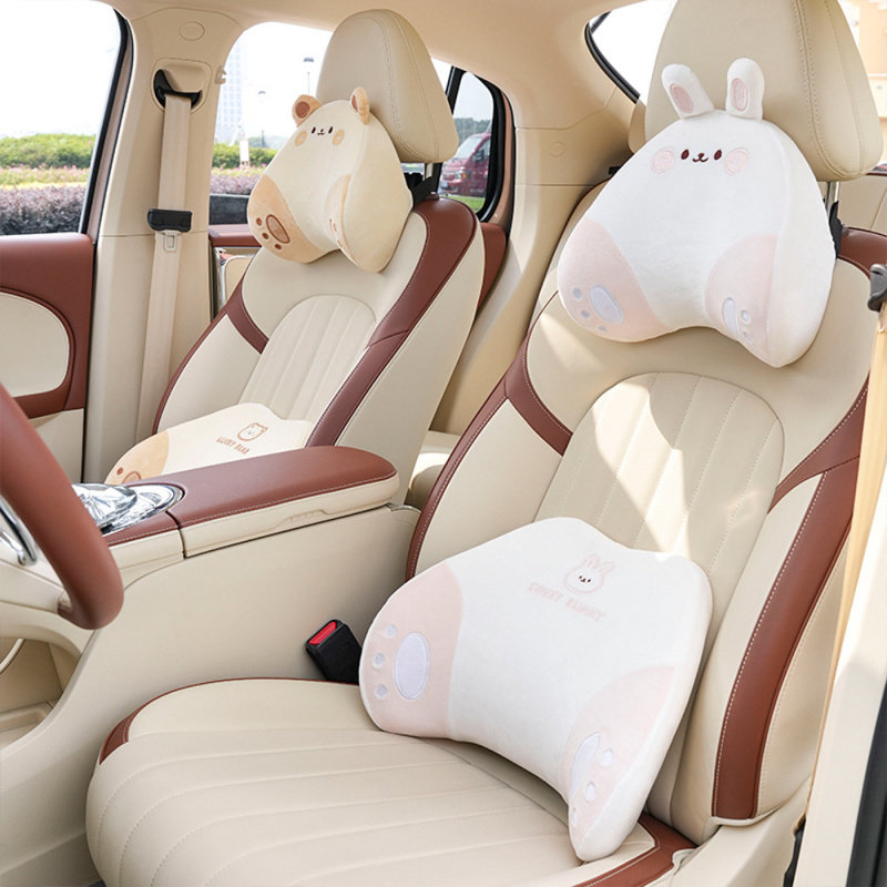 卡通记忆棉汽车头枕 秋冬季毛绒车用柔软座椅护腰垫 创意汽车腰靠
