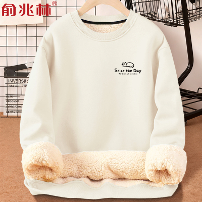 羊羔绒加绒卫衣男士宽松潮流冬季加厚保暖衣服青少年百搭无帽外套