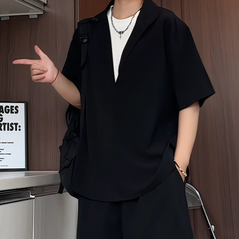 男士夏季轻熟风宽松穿搭老钱风假两件T恤冰感翻领短袖休闲衬衫男