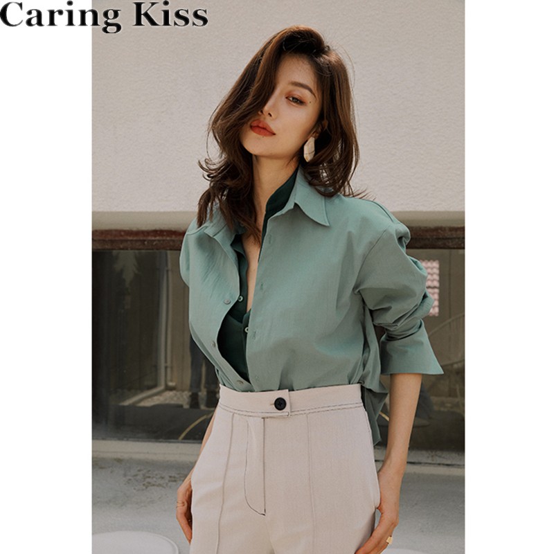 CARING KISS AUTUMN SUMMER 2024 CASUAL GREEN CONTRAST STITCHING FAKE TWO COTTON LONG SLEEVE SHIRT WOMEN