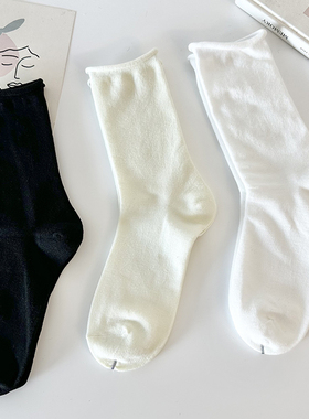 卷边袜子女纯色百搭中筒春季运动学生简约日系运动长筒堆堆月子袜