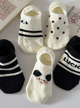 黑色可爱船袜子女士圆点条纹防滑不掉跟浅口隐形棉袜夏季薄款运动