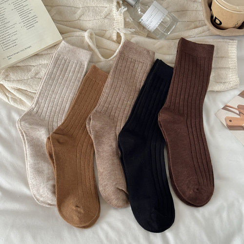 秋冬女保暖羊毛堆堆中筒袜纯色