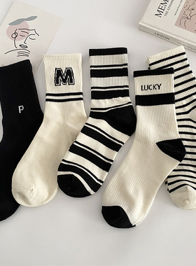 黑色字母运动条纹中筒袜子女士秋冬季韩国ins潮流网红百搭长筒袜