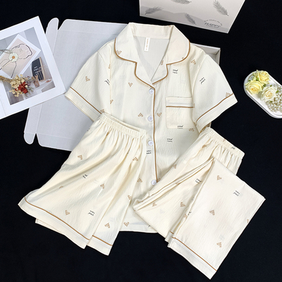 三件套装睡衣女夏季2025新款可爱云朵棉短袖短裤长裤青少年家居服